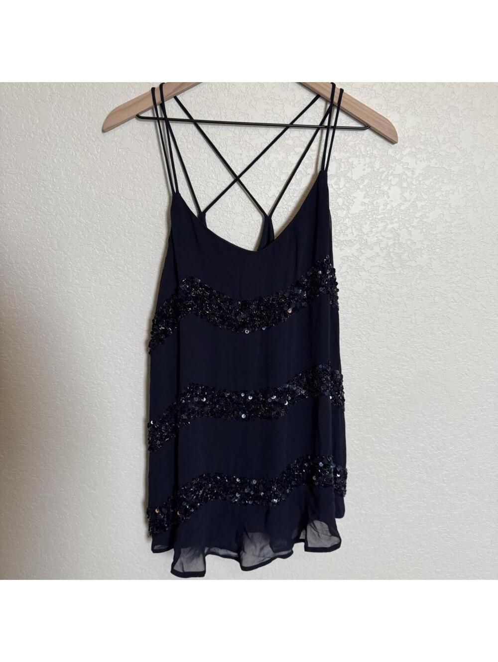 Gorgeous beaded Mermaidcore flowy navy blue strappy tunic tank, Large